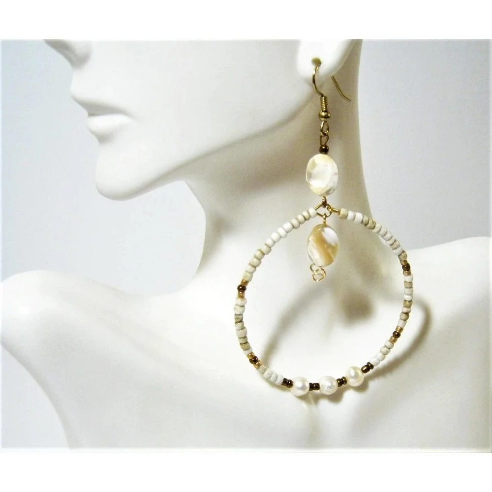 Genuine MOP Shell Beaded large Hoop Earrings and Pendant Necklace Jewelry Set